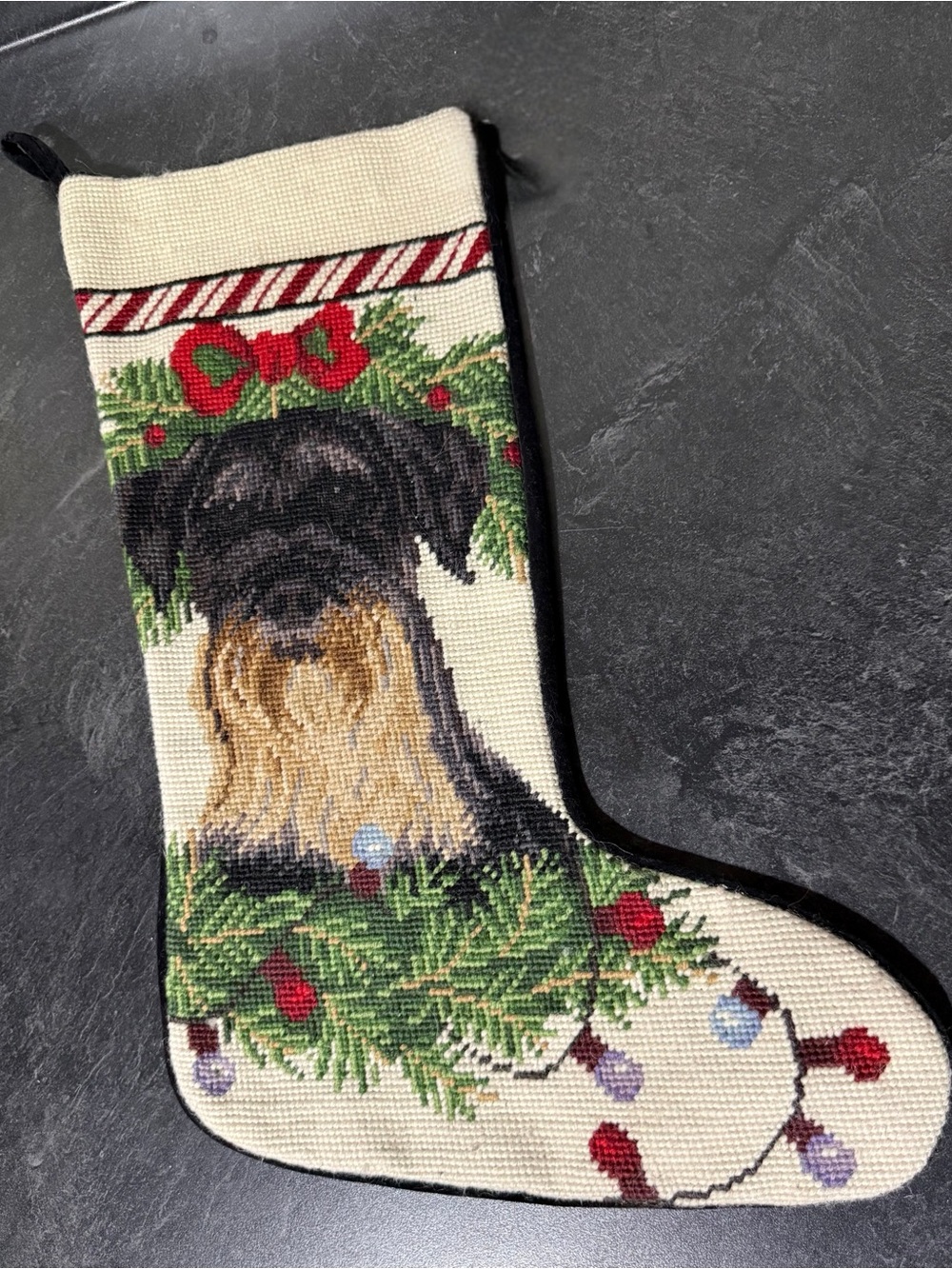 Needlepoint SCOTTISH TERRIER Christmas STOCKING Scottie DOG ~ Wool & Velvet 17"